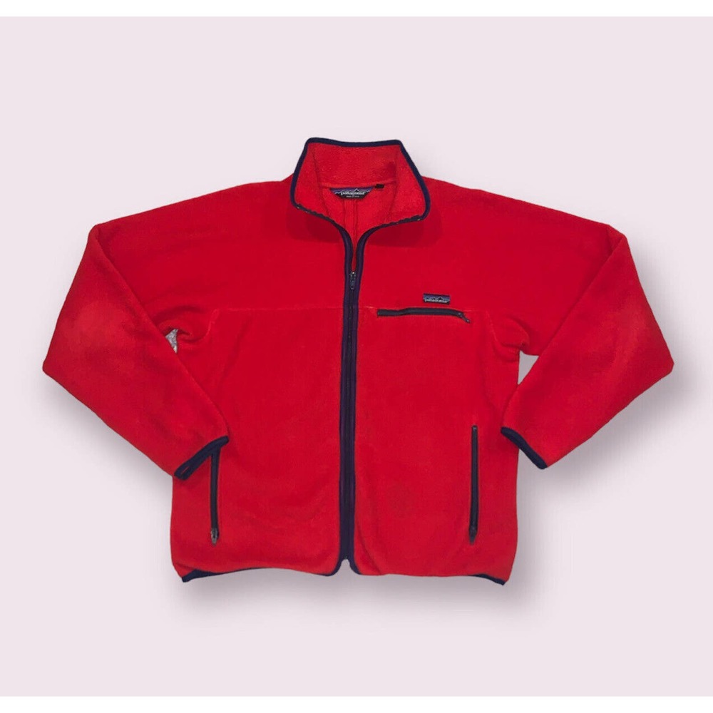Vintage 1980s Patagonia Red Full Zip Up Fleece Jacket Sweater Chest Pocket Large
